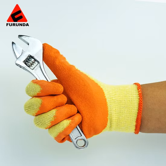 10 Gauge Yellow Cotton Gloves Textured Wrinkle Latex Dipped Safety Working Gloves