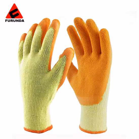 10 Gauge Yellow Cotton Gloves Textured Wrinkle Latex Dipped Safety Working Gloves