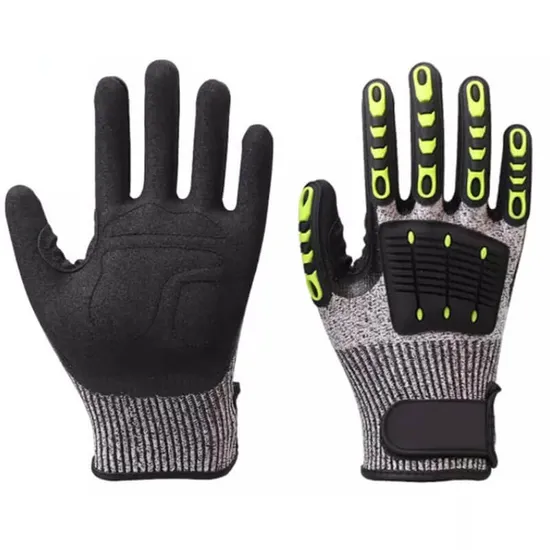 Oil Resistant Anti Cut Level 5/C Hppe Lined Nitrile Sandy Coated TPR Back Anti Vibration Impact Glove