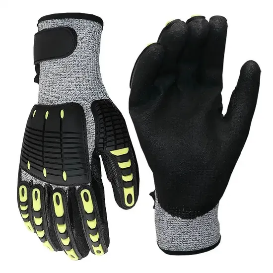 Anti Cut Level 5 Hppe Lined Nitrile Sandy Coated TPR Back Impact Vibration Shock Proof Hand Gloves 