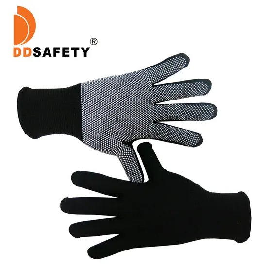 DDsafety 77+countries Safety Protection Gloves Black Nylon Knitted Stretchy with single  sides Dotted PVC Glove Anti